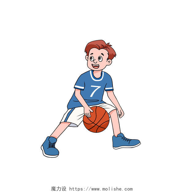 蓝色卡通男孩打篮球插画元素